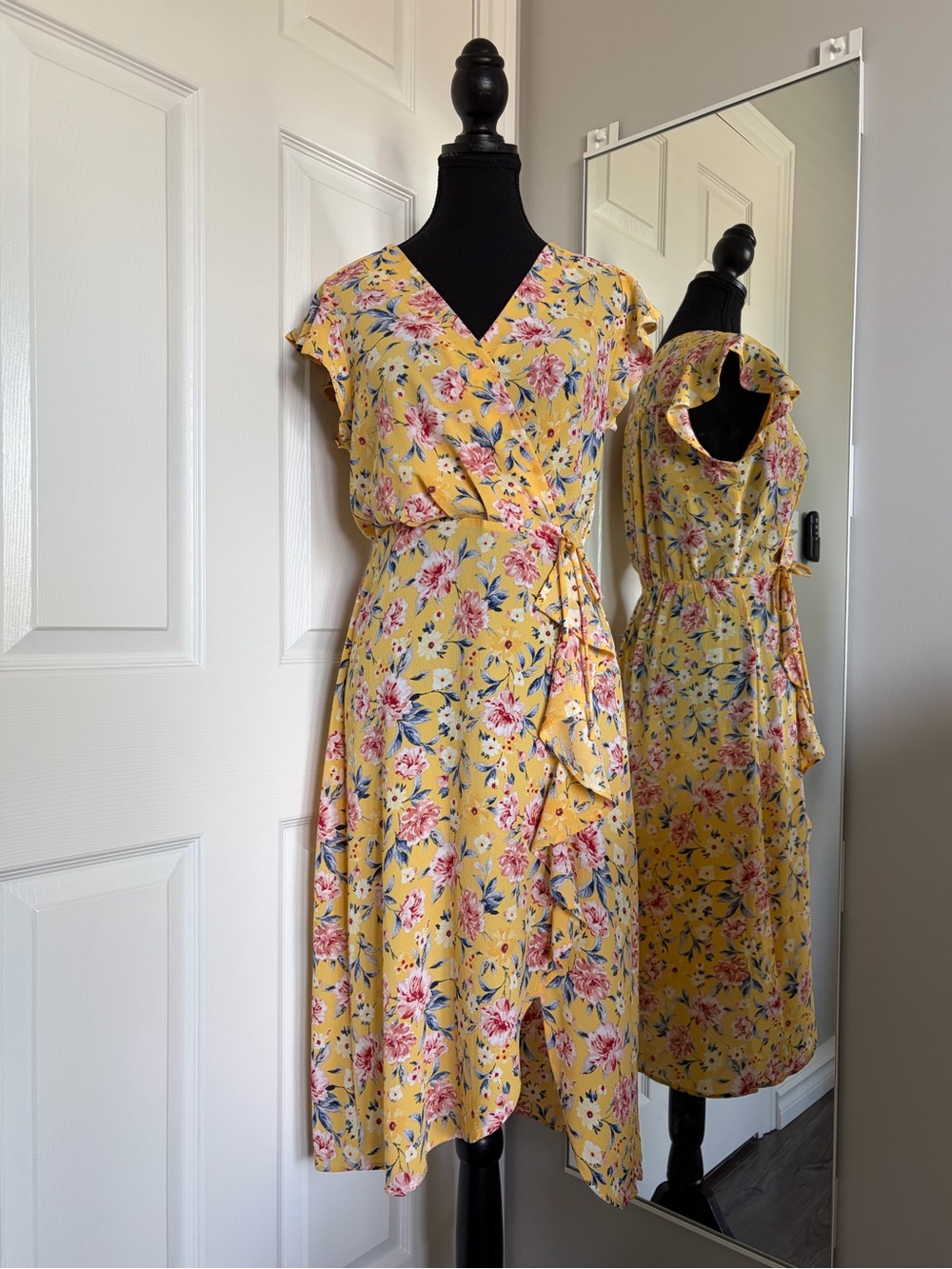 Yellow Floral Wrap Dress with Flutter Sleeves and Ruffle Detail
